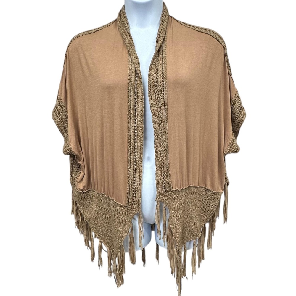 Altar'd State Kimono Cardigan Womens M/L Tan Crochet Fringe Boho‎ Open Front